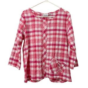 Habitat Womens Top Crinkle Plaid 3/4 Sleeve Small